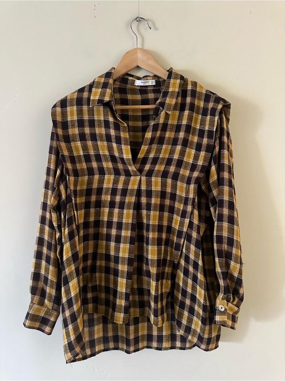 Mango Plaid V‑Neck Long Sleeve Tunic in Yellow and Black